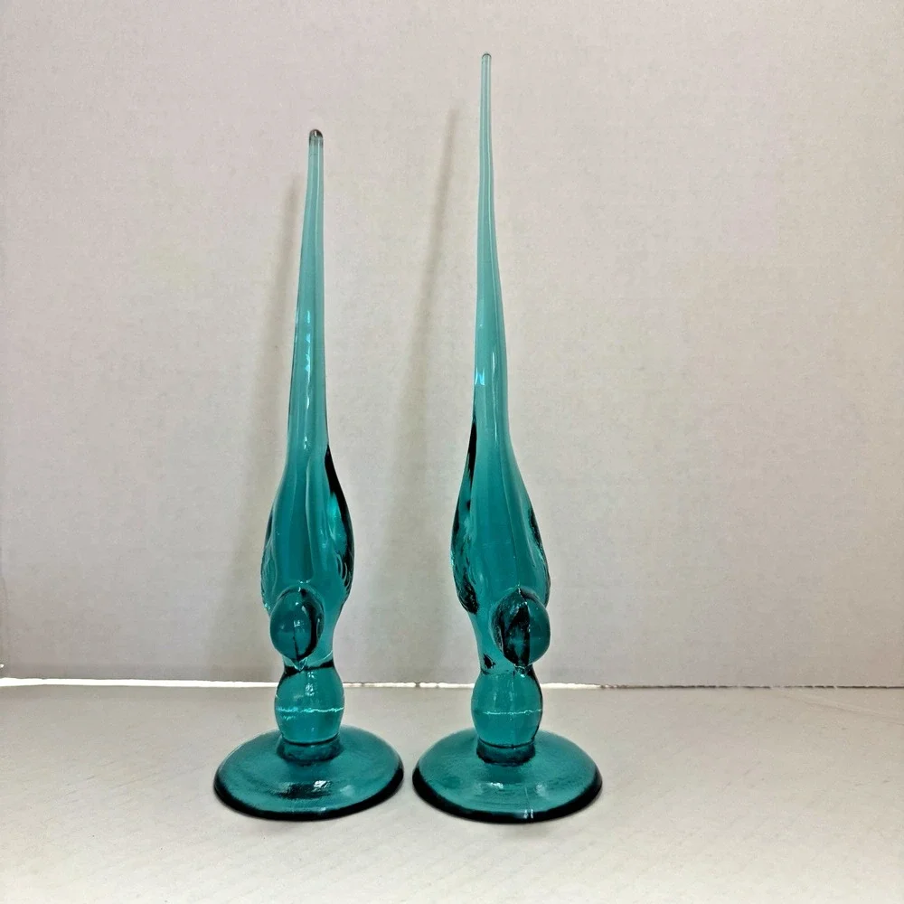 Lot Of 2 Vintage Long Tail Birds Turquoise Glass 9 3/4